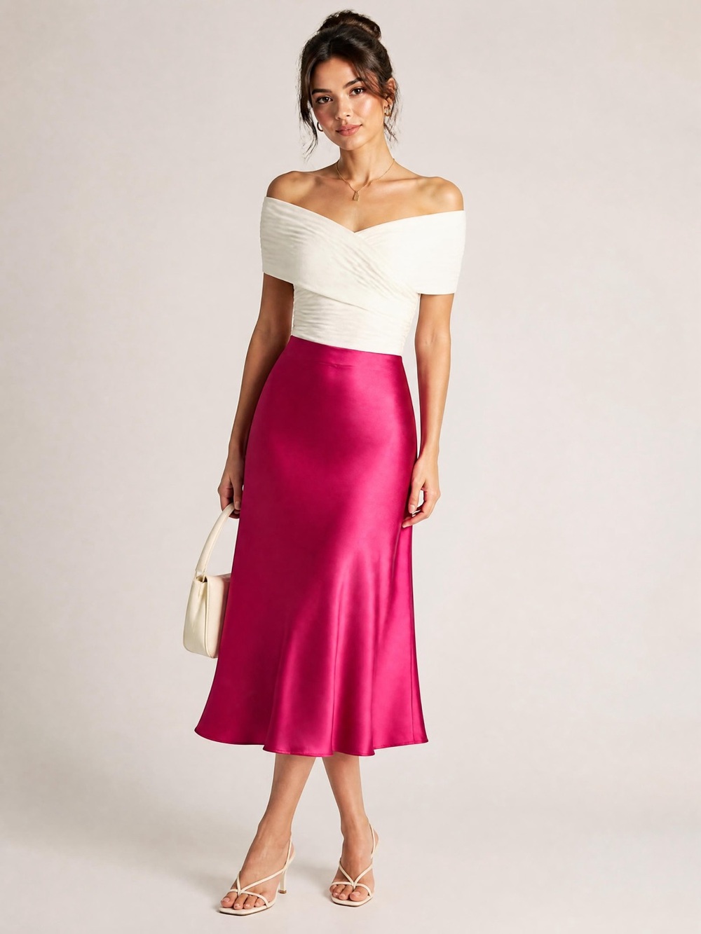 Magenta Satin Midi Skirt — Sleek Bias Silhouette